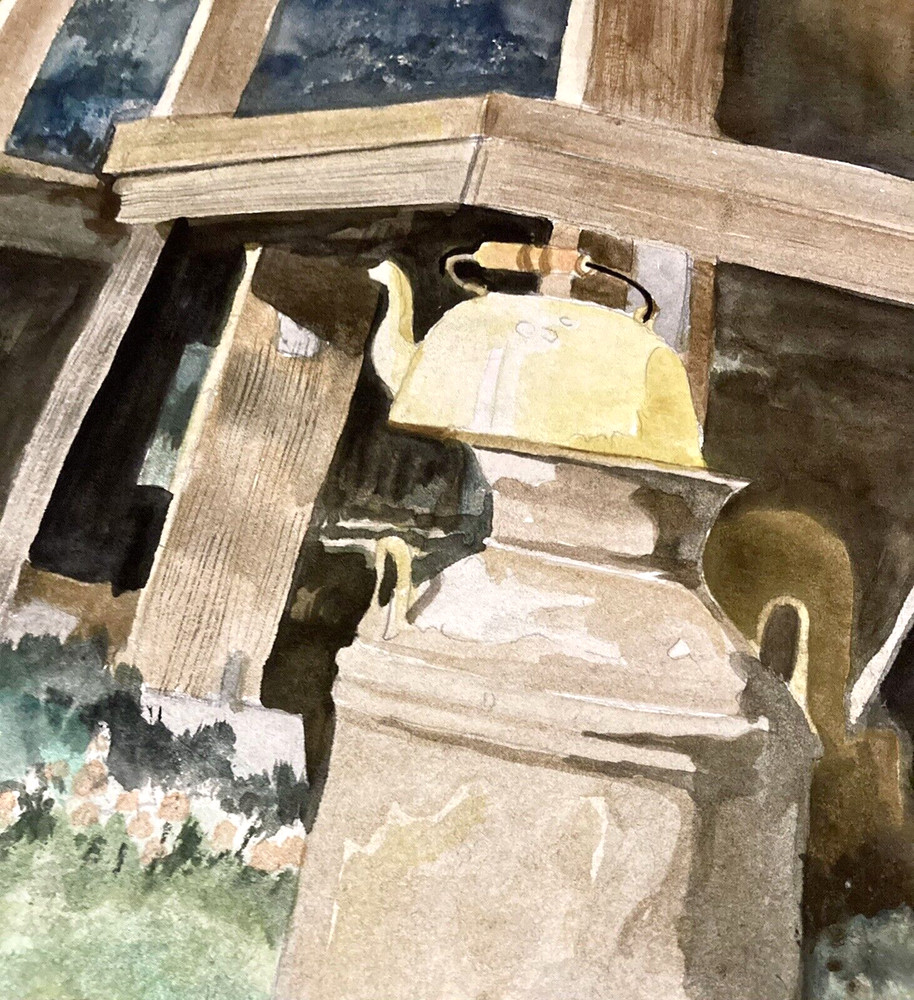 Americana Watercolor 20″ Milk Can & Kettle Rustic Home Farm Porch Scene Lawn MCM