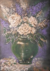 Original Roses Lilacs Green Vase Floral Dry Pastel Painting Wall Art 8.3×11.4 in