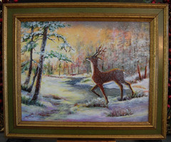 FRAMED SIGNED ANN FORD ACRYLIC PAINTING DEER WINTER LANDSCAPE „FALLING SNOW“