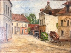 Continental Oil painting on wood panel village street scene