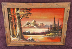 VTG 70s Velvet Painting Mountain Trees Water Landscape Hand Carved Wood Frame