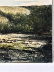 AMERICAN REGIONALISM PAINTING LANDSCAPE HORSES AFTERNOON FEEDING SIGNED LISTED