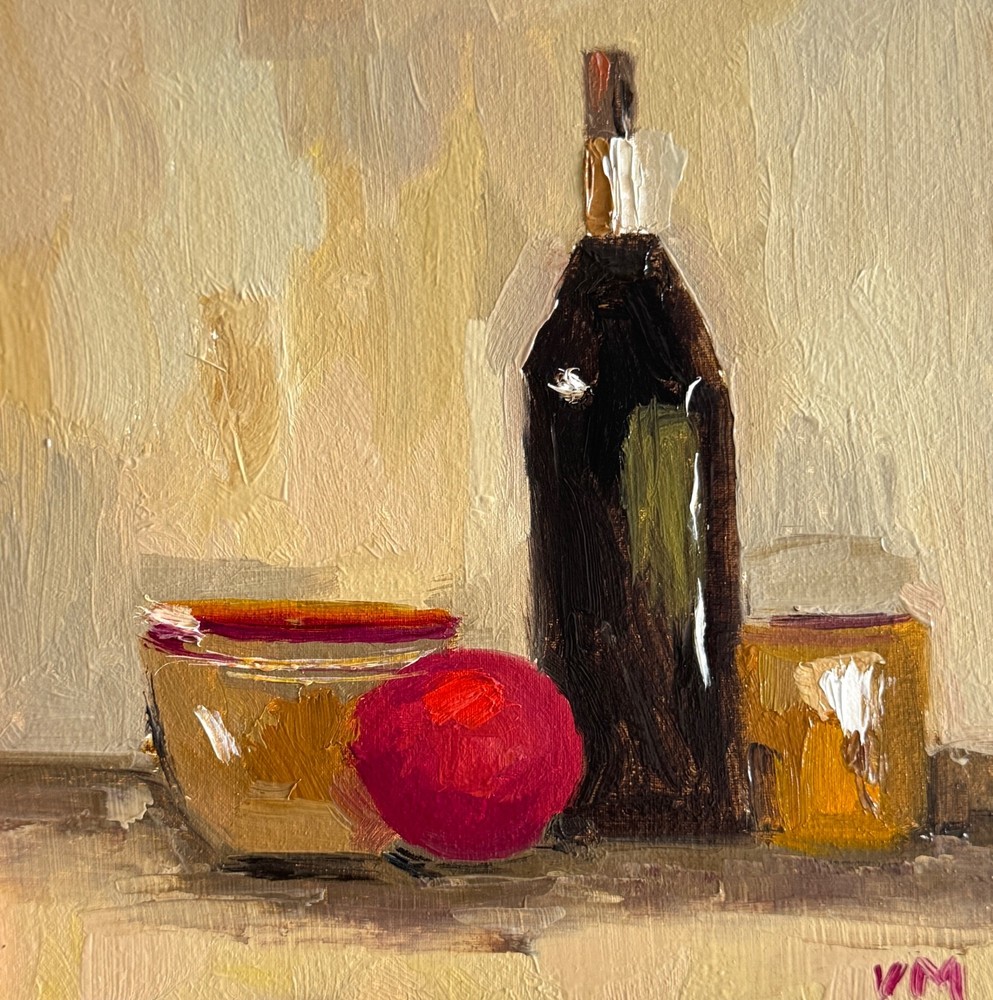 Still Life Painting Oil Original Canvas Wine Cups Vintage Abstract Kitchen Art