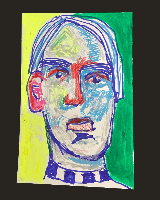 Portrait Line Drawing Painterly Naive Expressive Blue Man Outsider Art Miz Katie