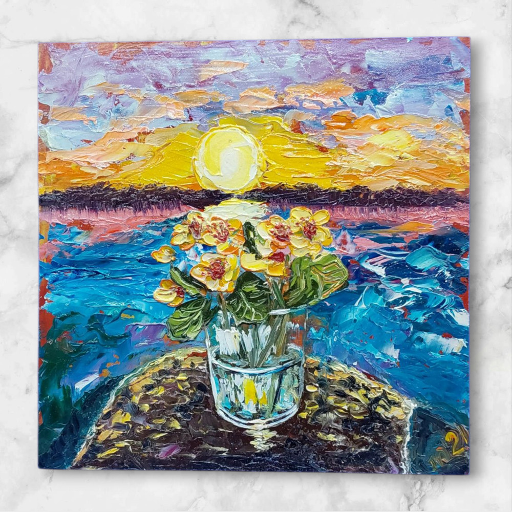 Sunrise Modern Original Painting Seascape Flowers Stone Hendmade Wall Art OOAK
