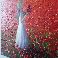 Original Oil Portrait Painting Woman Red Poppy Field Summer Canvas Art Romantic