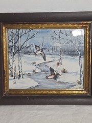 Beautiful Vintage Watercolor Painting Winter Landscape With Ducks