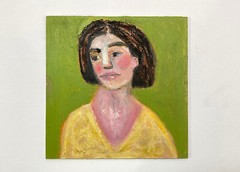 6×6 Original Oil Portrait Painting Green Yellow Expressive Emotional Miz Katie