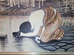 VTG Chinese Women Washing, Bamboo Oil On Canvas Framed Painting Signed 38″ x 46″