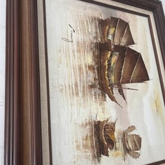 Vintage P. Wong Signed Seascape Oil Painting – Boats & Harbor – Mid-Century