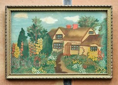 Rare 1930s FRONT OF GLASS PAINTING Cottage Country Garden Hollyhocks COTTAGECORE