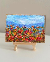 ACEO Original Oil Painting Poppies Blooming Canvas Impasto 2.5×3.5in Signed OS