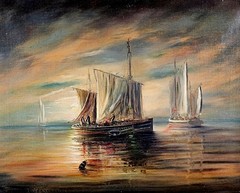 Thomas Westcott Oil Painting c1910 Fishing Barges at Sunrise off Ipswich Suffolk