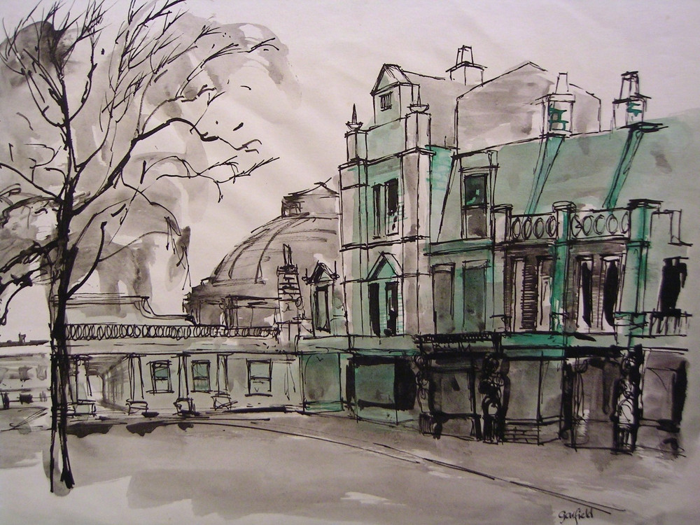 European Cityscape Painting Watercolor and Ink