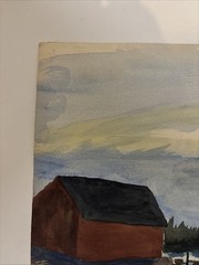 VTG 1960s Original Watercolor Coastal Fishing Shack Harbor Boats Nautical Paint