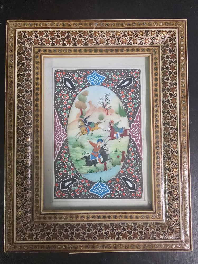 Vintage Persian Style Miniature Horsemen Painting in Decorative Khatam Frame