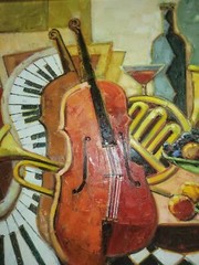 Large Oil Painting – Musical Instruments & Fruit Still Life on Checkered Table