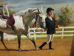 JOHN LEONE OIL PAINTING ON BOARD OF HIS EQUESTRIAN TALENTED DAUGHTER W/TROPHY