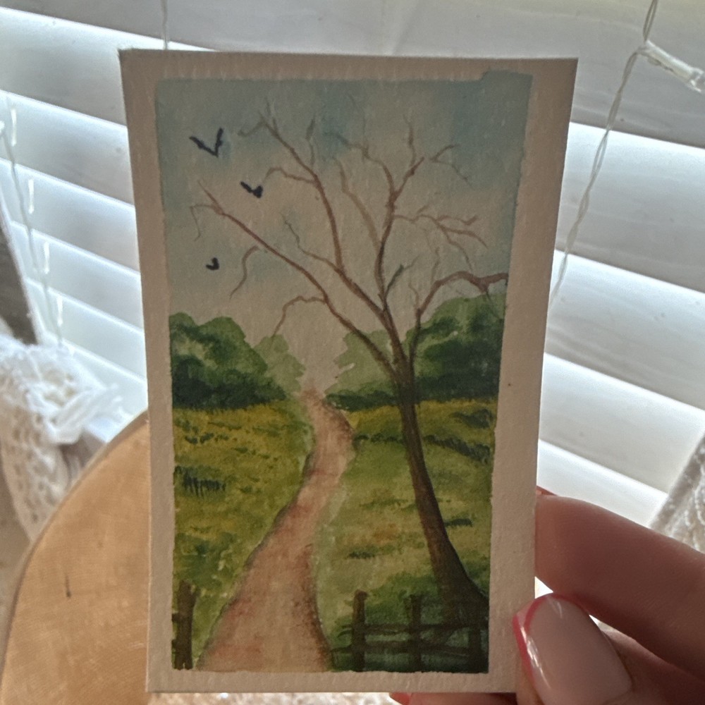 ACEO Watercolor original painting. Miniature Landscape Path Tree Birds Unframed