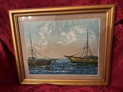BEAUTIFUL SIGNED 1970s VINTAGE MCM PAINTING HARBOR BOATS WATER OCEAN FRAMED
