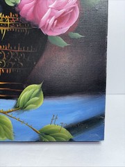 Vintage Oil Painting Roses In Vase Still Life Canvas Signed 12 X16 Preowned