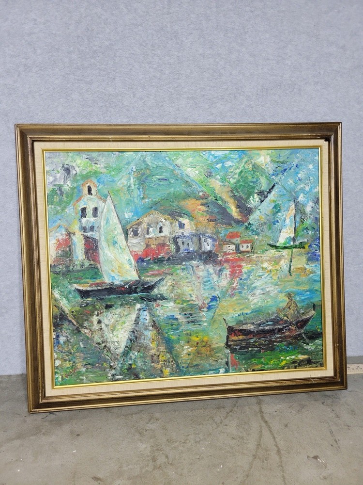 Vintage Harbor Village Oil Painting Boats & Houses Signed L Judge 28”x24”