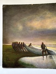 Antique Painting Wpa Regionalism Beach Fisherman Sunset Evening Coastal Sea Oil