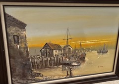 Pabolo Stirrat Vintage Sailboats in Harbor Oil Painting Original