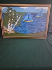 Framed Coastal Sailboat And Shoreline Painting Original Signed