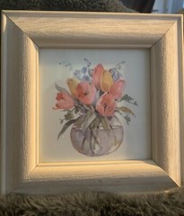 2 Rosalind Oesterle Watercolor Flowers Pansies & Tulip Floral Bouquet Painting