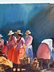 VINTAGE IMPRESSIONISM PAINTING MEXICO STREET SCENE VENDORS MARKET CASTILLO