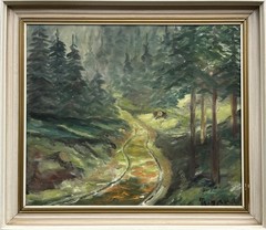 Oil Painting Expressionist Forest Landscape With Path And Conifers Denmark