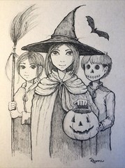 Original Ink Sketch, 9×12 Inches, Three Halloween Trick-or-Treaters