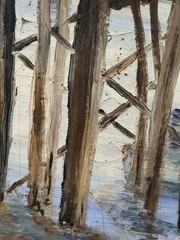 FLORA E. SCHAIFER – c1940s Seascape Oil Painting w/ Pier „Cape Porpoise, Maine“
