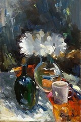 Demenko Natalia White Flowers in a glass vase Stylish Fine Art Oil painting 8×8″
