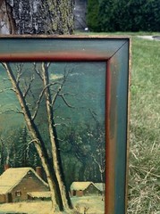 Antique Oil painting Board Winterscape Night Lake 19×22” Homestead Emma Kinsey