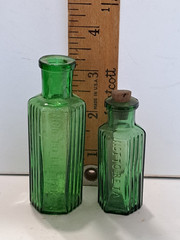 BRIGHT GREEN POISON BOTTLES SET OF 2 SIZES WITH EMBOSSED WRITING RIBBED SIDES