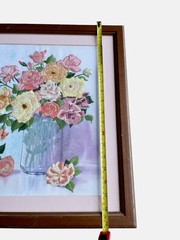 Hand-Embroidered Framed Wall Art W/ Pink Yellow Purple Rose Bouquet Vase 16”x19”