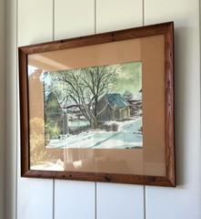 Vintage Watercolor Painting – Winter Farm Scene in Rustic Wood Frame Signed OOAK