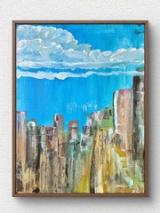Original Expressionist 11×14 Cityscape Blue Sky Canvas Signed Home Decor A063