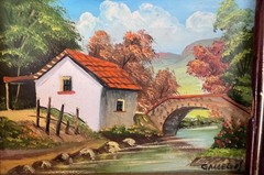 Italian Oil Painting Landscape Hill Home Trees Stream Bridge Italy Artist Signed