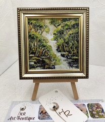 Original Oil Painting 4×4 in Framed Signed Evening Forest Landscape Impasto Art