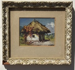 Mihail Teisanu European Romania Artist Cottage Thatched Roof Painting RARE