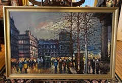 French Style Street Scene Oil Painting Gold Framed 24 X 36 1/2 Inches