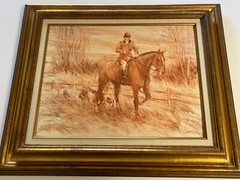 Vintage Painting Impressionist Hunting Dogs Man Horse Landscape Listed Artist