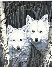 Vintage Paint By Numbers Painting of 2 White Wolves Birch Trees 16×20 Unframed