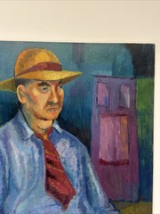 Mid Century Painting Portrait Man Men Urban Modernist Thorpe Vintage 24” Oil