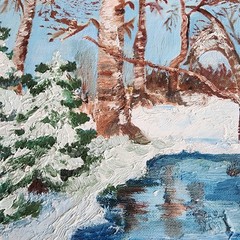Vintage Winter Landscape Oil Painting Signed JR Birch Stream Forest Framed 20×16