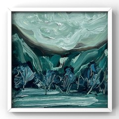 Nordic Mountain Landscape Art Moody Blue Norway Forest Painting Abstract Framed