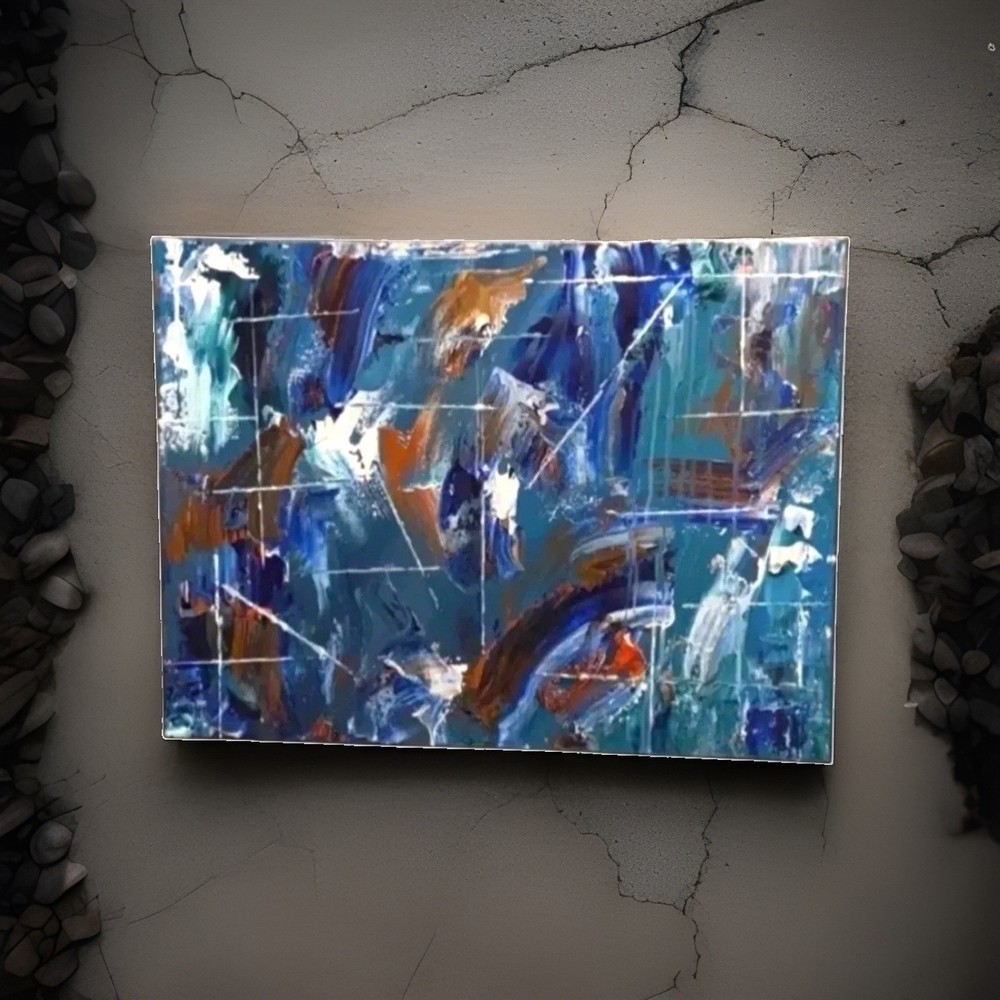 Canvas Painting Blue Red 18 x 24 Hand Painted Signed Titled A Race Against Time